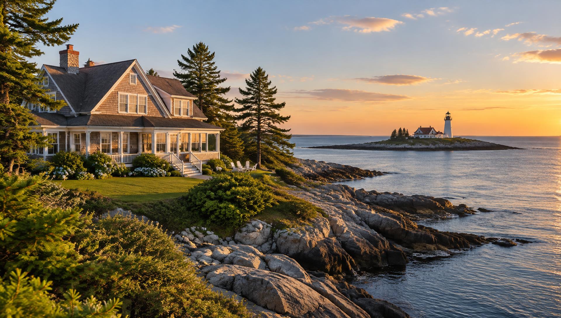 A coastal Maine home with a lighthouse in the distance